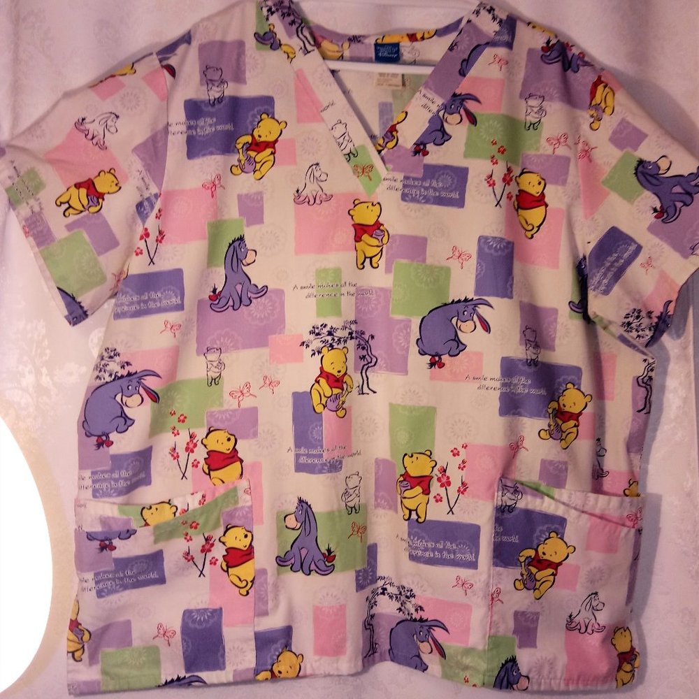 Disney Womens 2XL V Neck Scrub Top Pooh & Eeyore